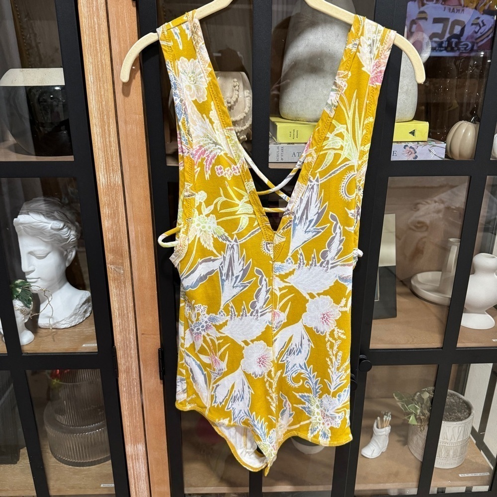 Free People Floral Ribbed Bodysuit plunge vneck sleeveless tank open back sexy